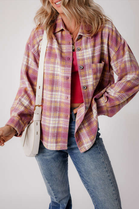 Shacket a maniche lunghe con tasca sul petto con stampa scozzese rosa