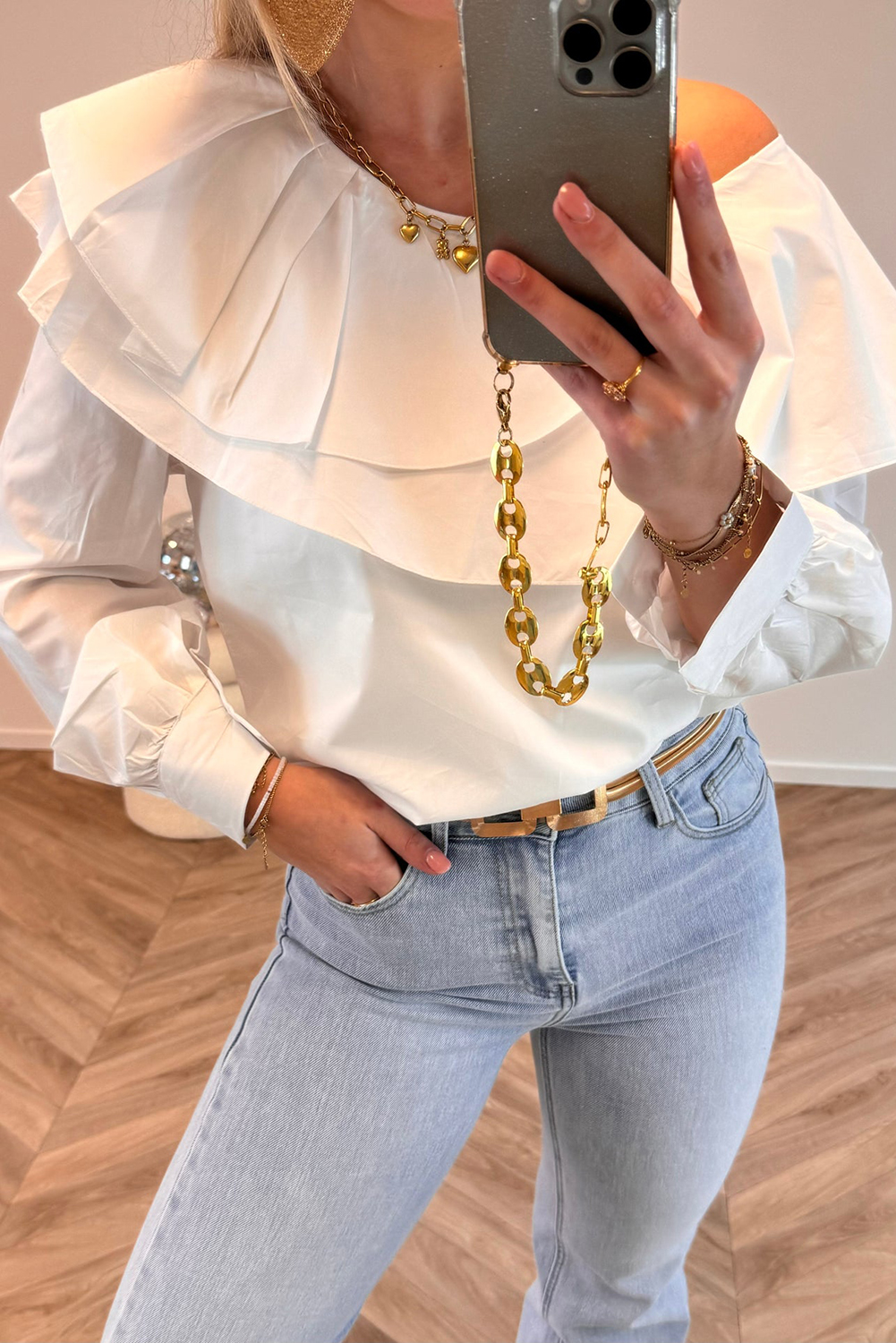 $7.29 White Solid Color Ruffled Overlay Puff Sleeve Blouse Wholesale