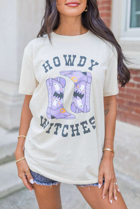 T-shirt à col rond blanc HOWDY WITCHES, bottes d'Halloween