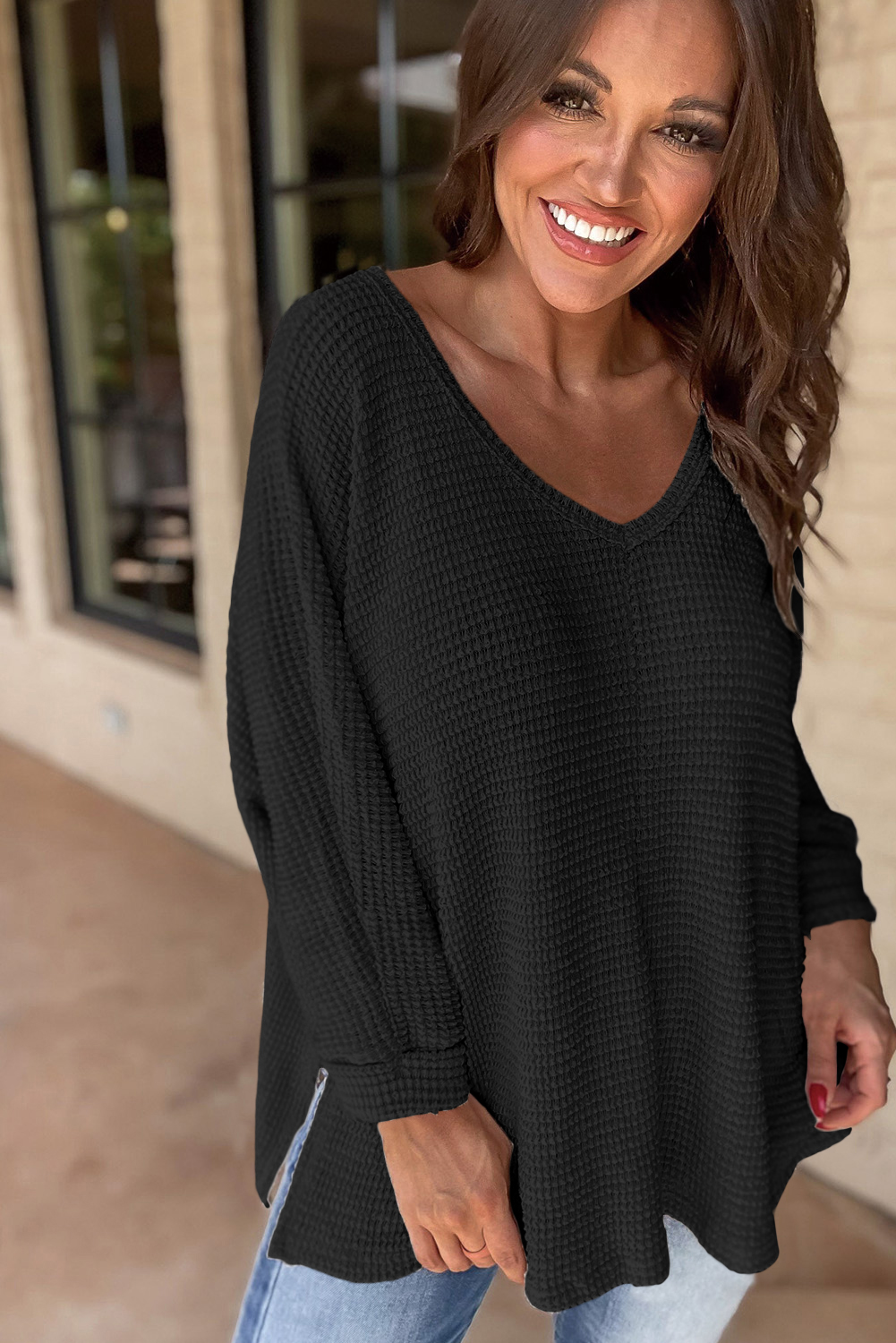 $6.2 Black Waffle Knit Side Slits Loose Fit V Neck Top Wholesale