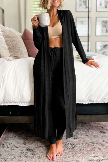 Conjunto de cardigan longo preto dividido e calça skinny