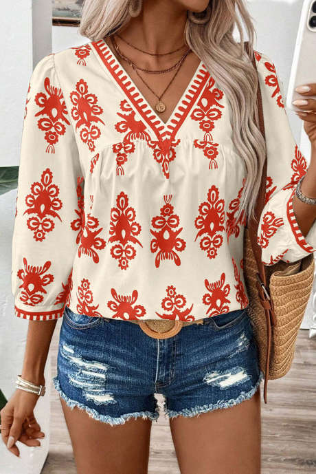 Orange Vintage Geometric Printed 3/4 Sleeve V Neck Blouse LC25128564-P1420