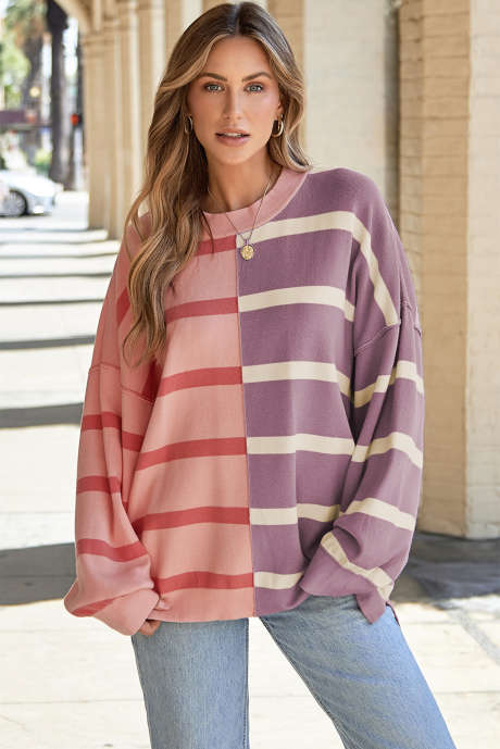 Maglione oversize color block a righe rosa LC2724774-P1019