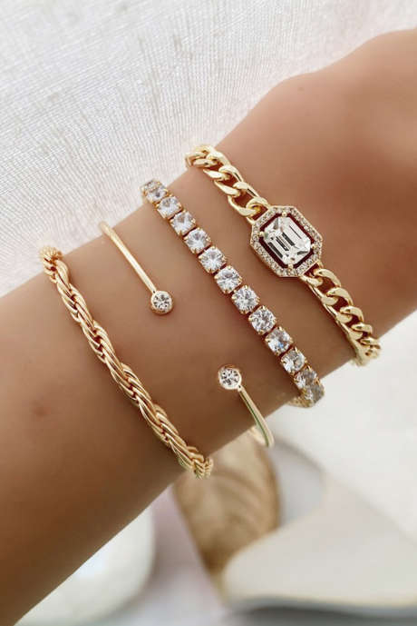 Conjunto de pulseira trançada com corrente de diamante 4 peças de ouro