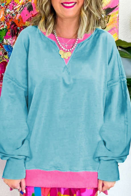 Světle modrá mikina Colorblock Patchwork Crew s výstřihem