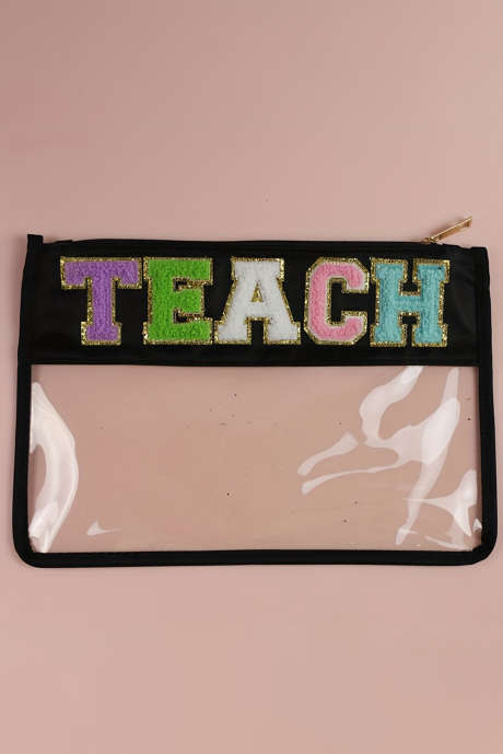 Bolsa de maquiagem preta TEACH Glitter Chenille transparente em PVC