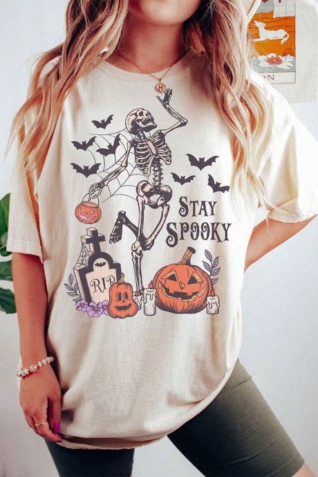 T-shirt d'Halloween avec motif crâne et citrouille blanc STAY SPOOKY