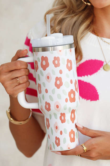 Copo portátil grande de aço inoxidável com estampa de folhas florais brancas de 40 onças