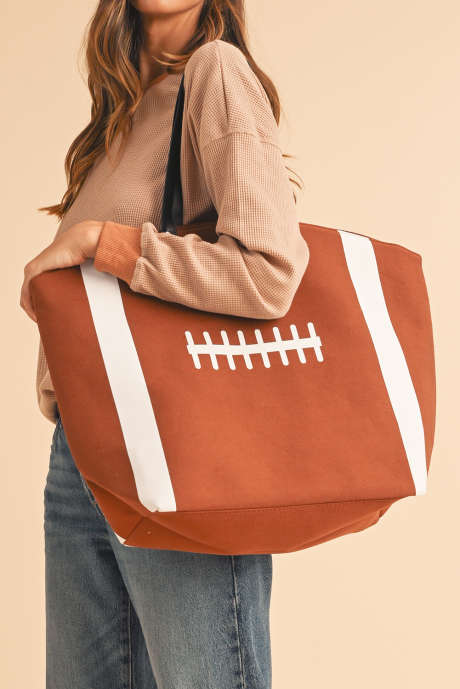 Tas Tote Besar Kanvas Motif Rugby Warna Kastanye
