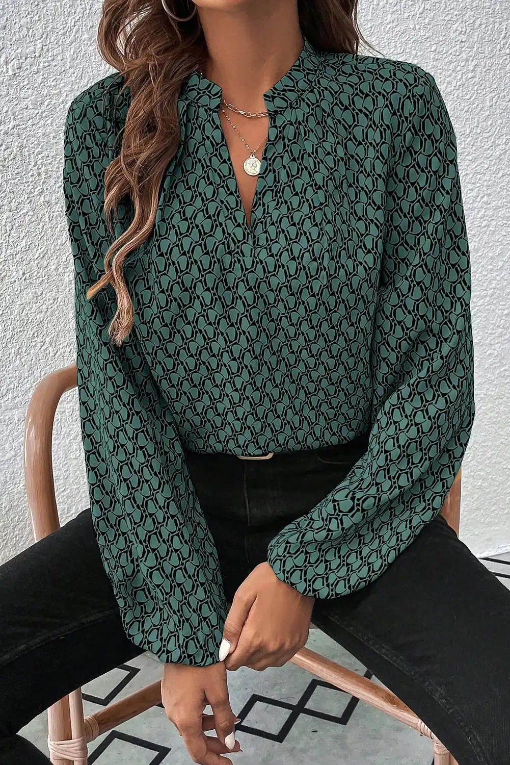 Green Geometric Print Notched Neck Puff Sleeve Blouse