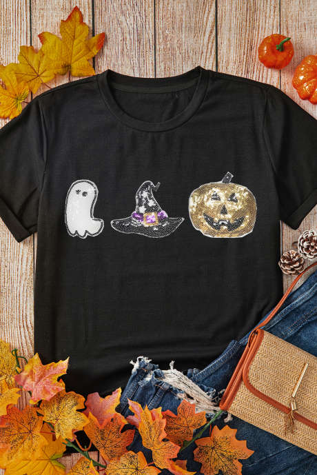 T-shirt noir à col rond et patchs à paillettes d'Halloween