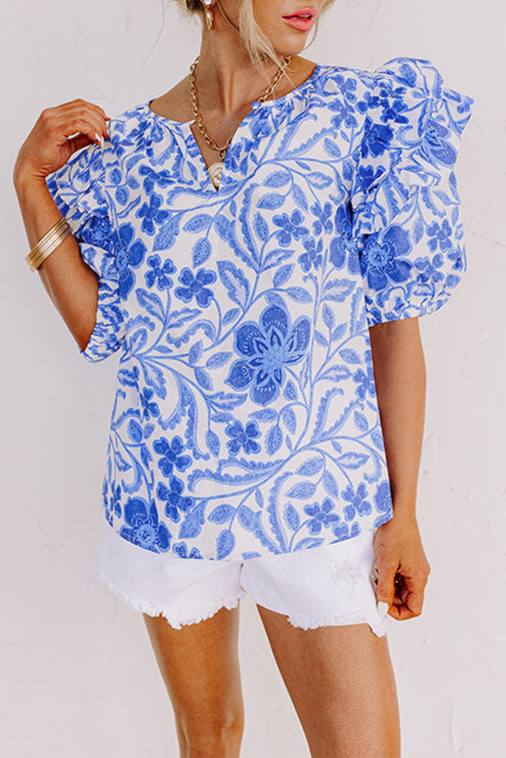 $7.21 Dark Blue Floral Print Ruffled Bubble Sleeve Blouse Wholesale