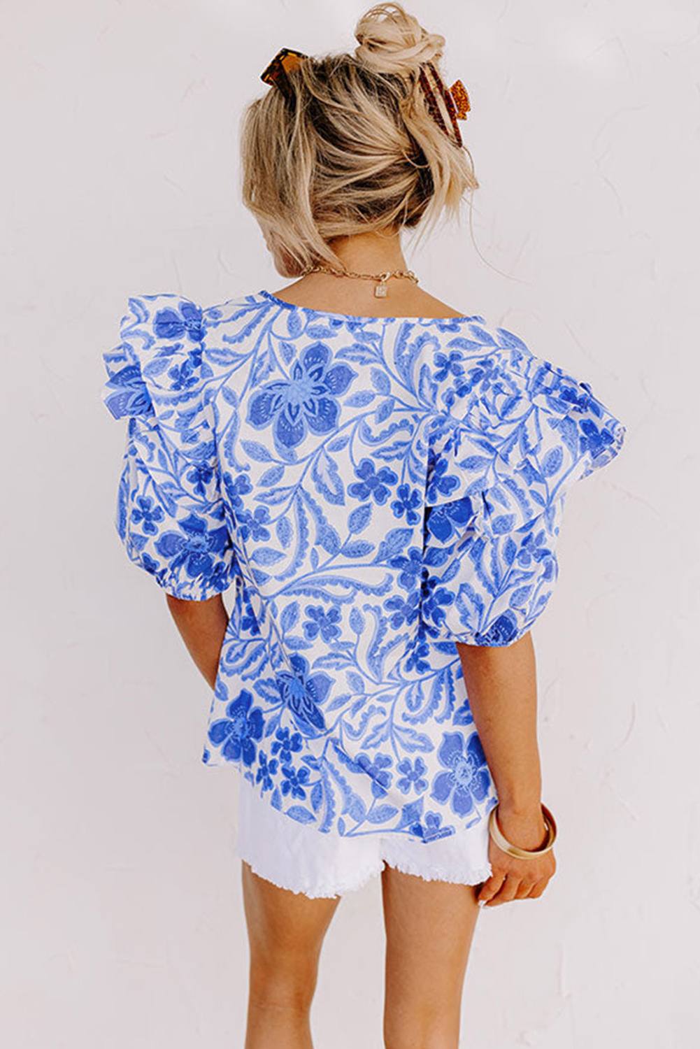 $7.21 Dark Blue Floral Print Ruffled Bubble Sleeve Blouse Wholesale