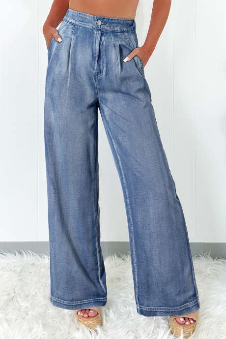 Jeans de cintura alta com perna larga e lavagem ácida azul Crepúsculo LC7875067-P704