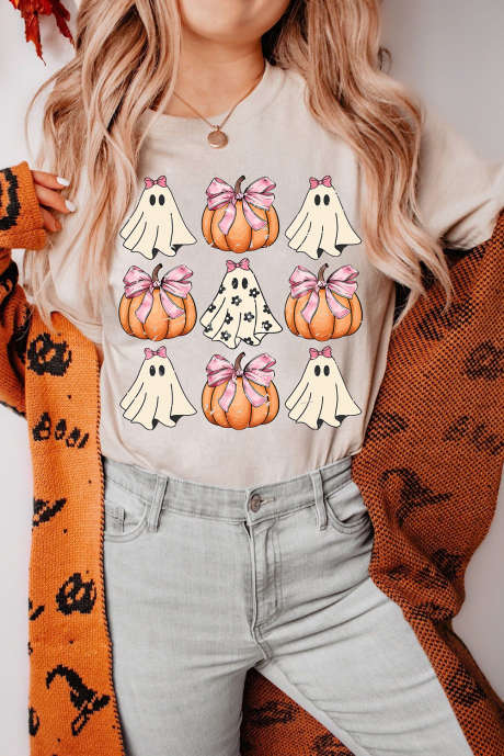 T-shirt d'Halloween kaki avec nœud papillon et citrouille fantôme