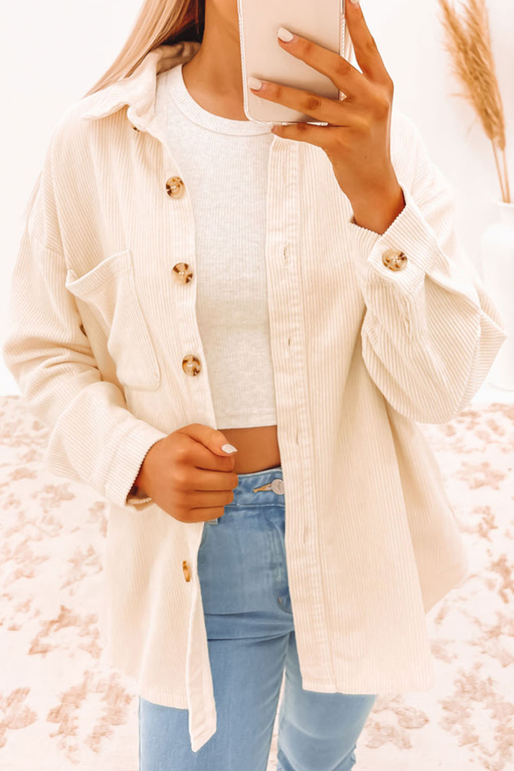 $10.89 Beige Patched Pocket Button Up Corduroy Shacket Wholesale