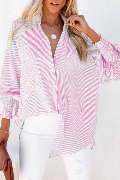 Chemise Boyfriend rayée rose à revers smockés avec poche LC2552685-10