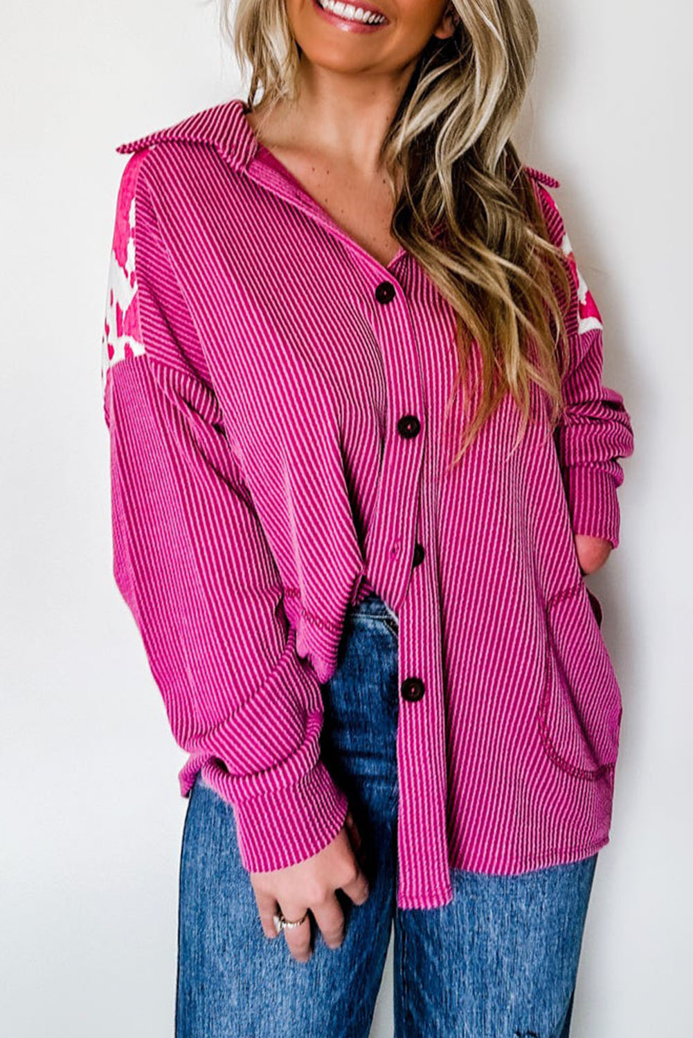 $8.98 Bright Pink Cow Pattern Patchwork Corded Buttoned Shacket Wholesale