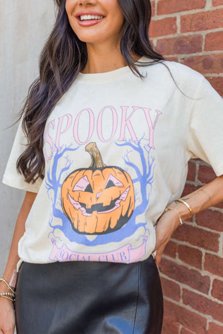 T-shirt di Halloween con collo rotondo e stampa zucca bianca SPOOKY