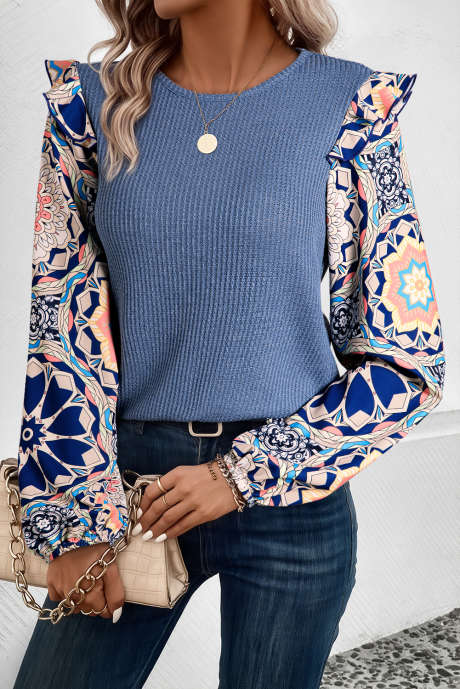 Blůza Ashleigh Blue s nařaseným květinovým rukávem Patchwork Waffle Knit O Neck