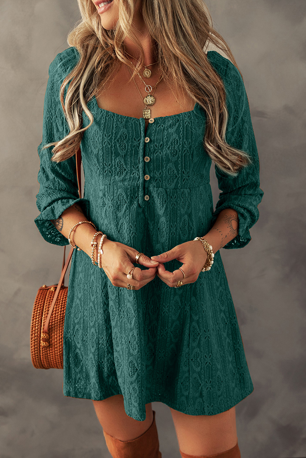 White Lace Crochet Round Neck Puff Sleeve Shift Mini Dress