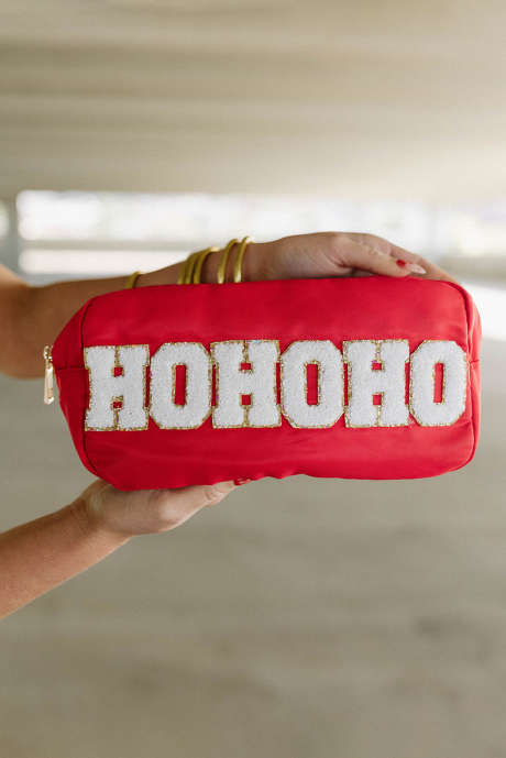 燃えるような赤のHOHOHOシェニールグリッタージッパーラージメイクアップバッグ