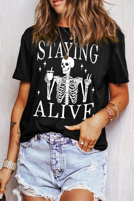 Tricou negru STAYING Alive Funny Skeleton Print cu gât rotund