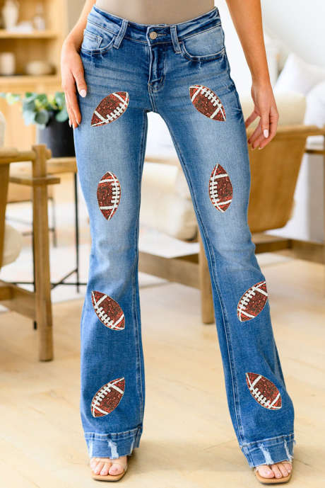Jeans a zampa d'elefante a vita alta con motivo rugby con paillettes blu cielo