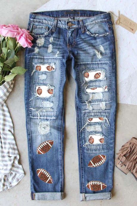 Jeans a gamba dritta effetto invecchiato patchwork da calcio con paillettes blu cielo