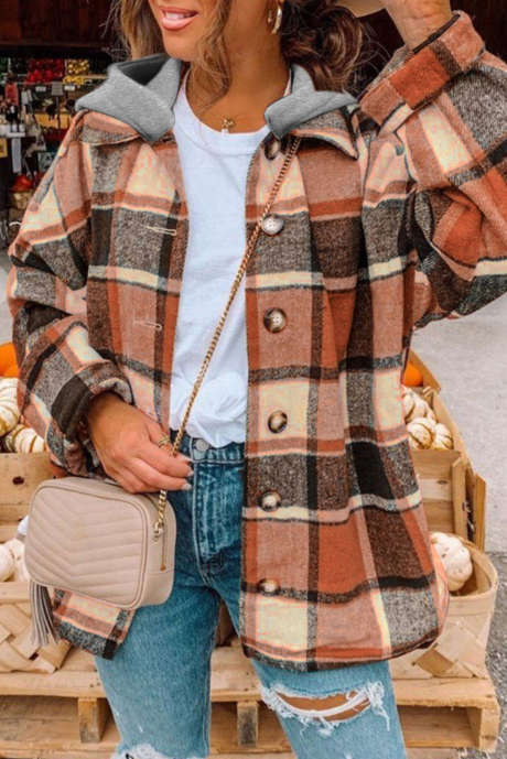 Chaqueta delantera con botones a cuadros y capucha naranja LC8512507-14