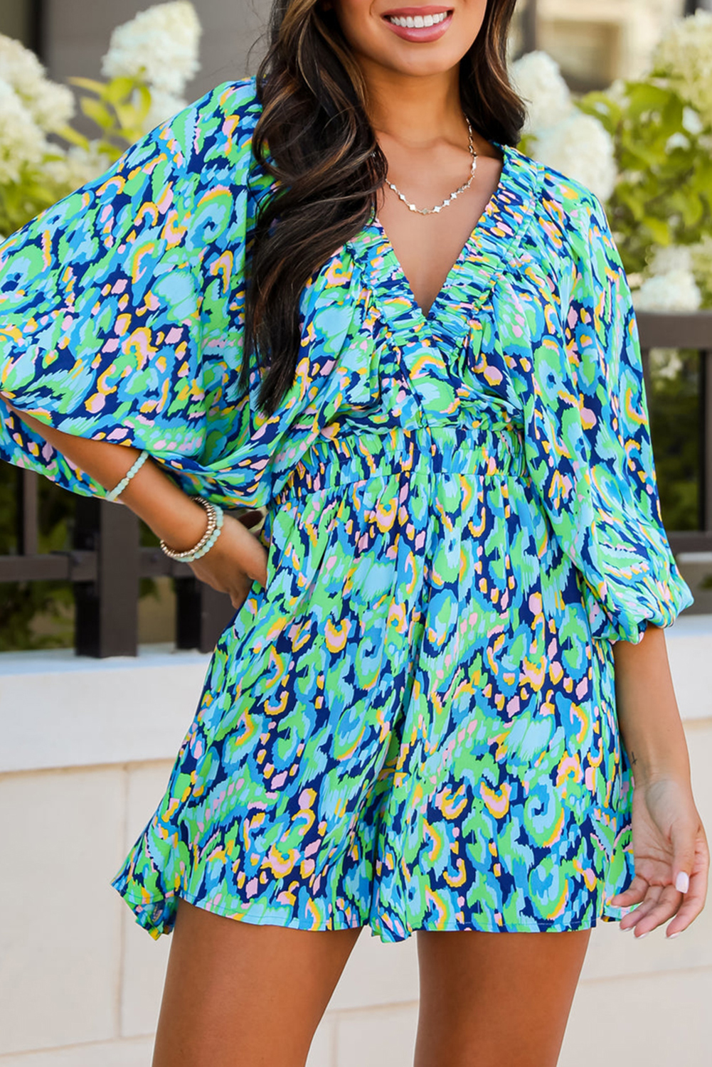 $9.35 Green Abstract Print Puff Sleeve V Neck High Waist