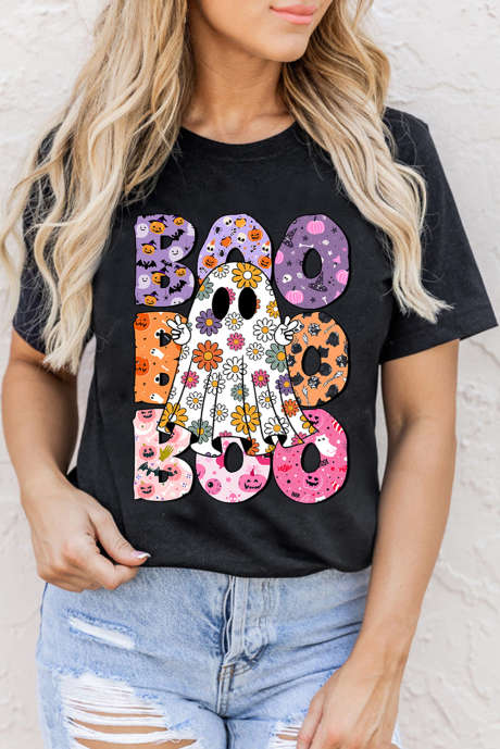 T-shirt di Halloween girocollo con stampa fantasma floreale nera BOO