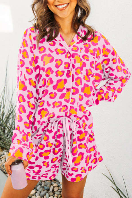 Pink Leopard Print pitkähihainen paita ja shortsit Pyjama-setti