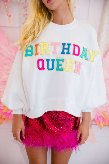 Hvit BIRTHDAY QUEEN grafisk ballongermet sweatshirt