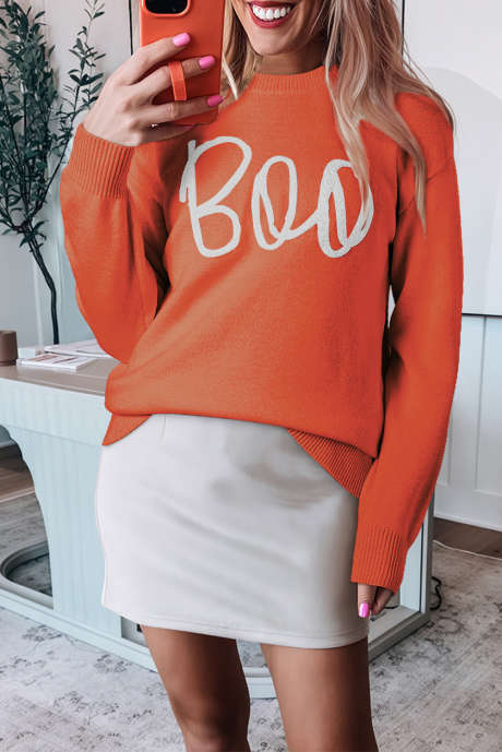Sweater Bahu Drop Tepi Bergaris Pola Rajutan Boo Oranye