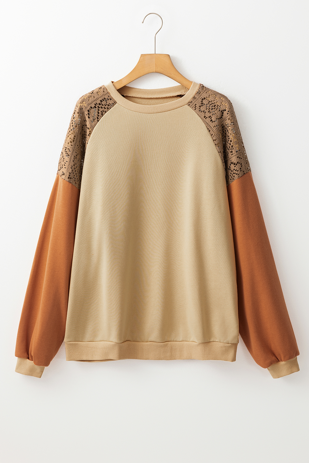 $7.5 Khaki Lace Patchwork Colorblock Drop Shoulder