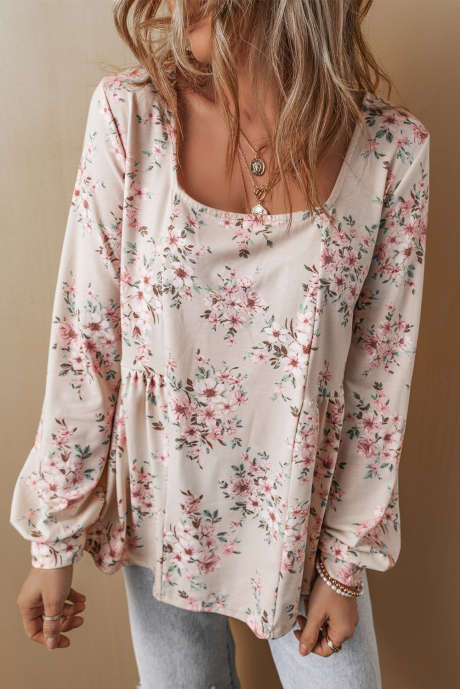 Blusa holgada con cuello en U plisada y estampado floral rosa LC25129540-P1020