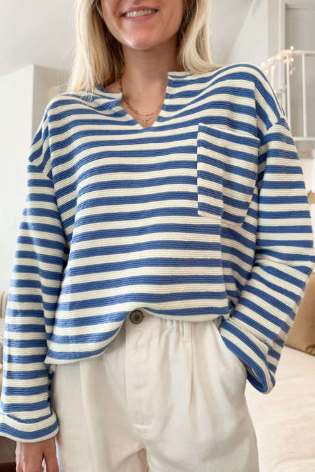 Himmelblå stripe brystlomme med knepping i ryggen V-hals topp LC25226018-P419