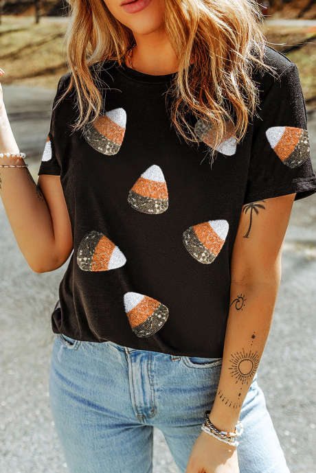 Tricou de Halloween cu model negru cu paiete bomboane