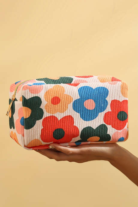 Bolsa de cosméticos quadrada com zíper e estampa de flores brancas de veludo cotelê