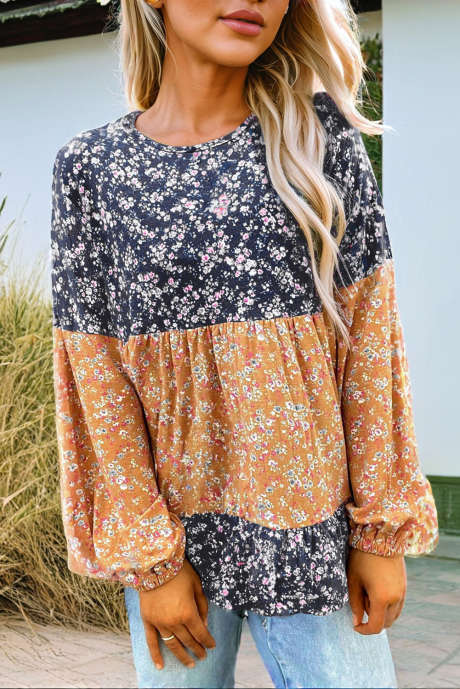 Blusa con scollo tondo e orlo arricciato in patchwork floreale blu color block LC25128989-P520