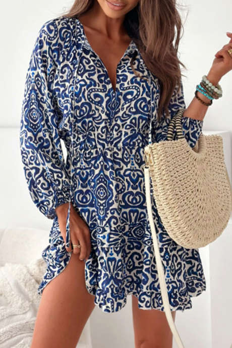 Mini-robe bleue à lacets et imprimé vintage, col en V, manches longues