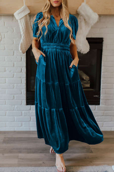 Robe longue à volants et manches courtes en velours bleu de Prusse à taille froncée