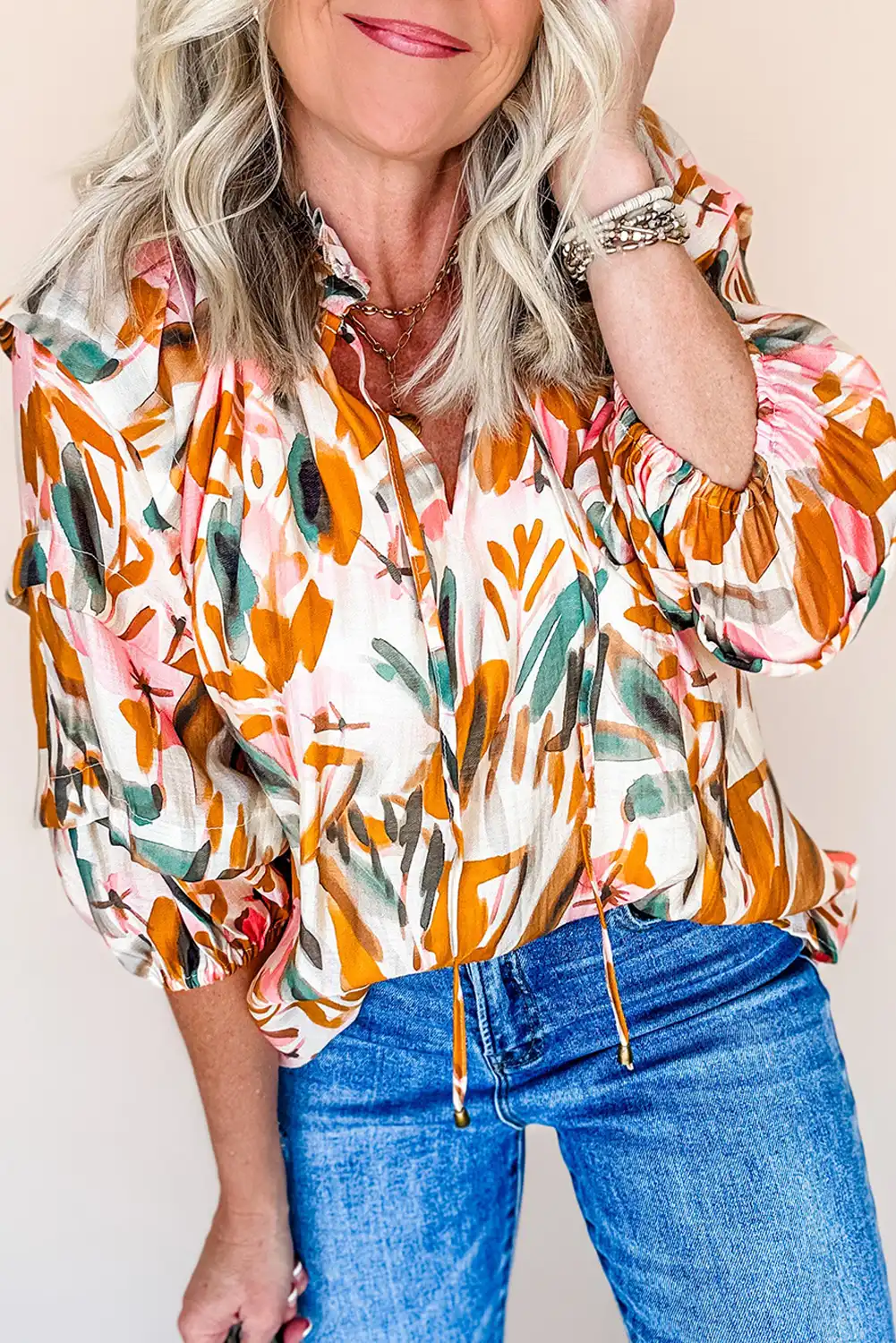 Yellow Abstract Print Drawstring Frilled V Neck 3/4 Sleeve Blouse