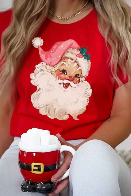 赤いクリスマスサンタクロースプリントクルーネックTシャツ