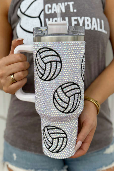 Hvit 40 Oz Rhinestone volleyballglass med håndtak