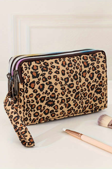 Bolsa de maquiagem com zíper e pulseira de couro PU com estampa de leopardo marrom