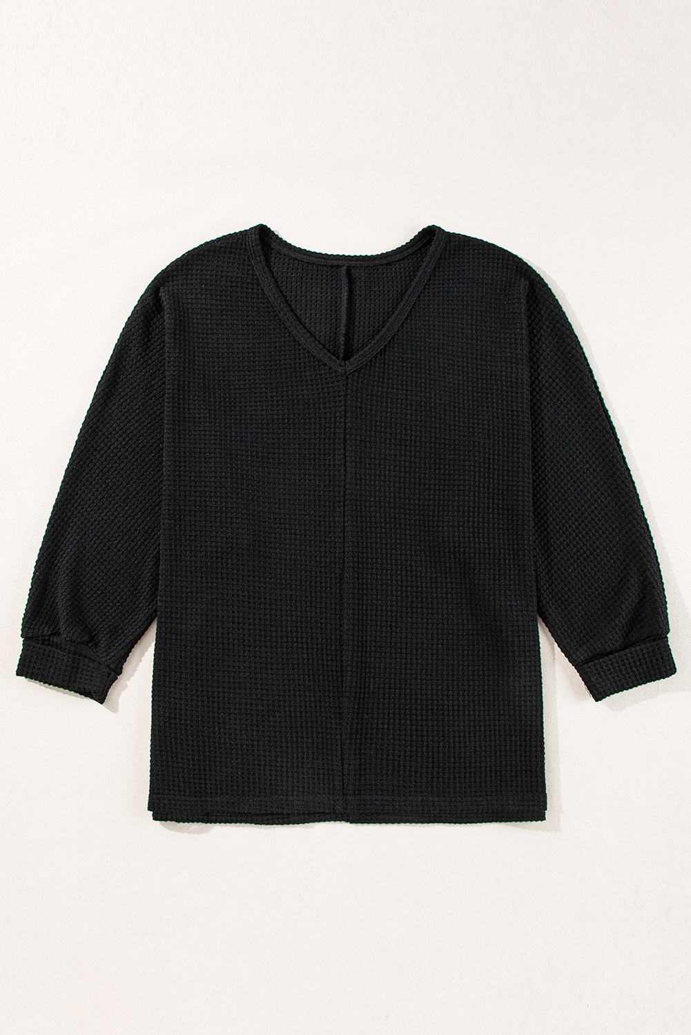$6.2 Black Waffle Knit Side Slits Loose Fit V Neck Top Wholesale