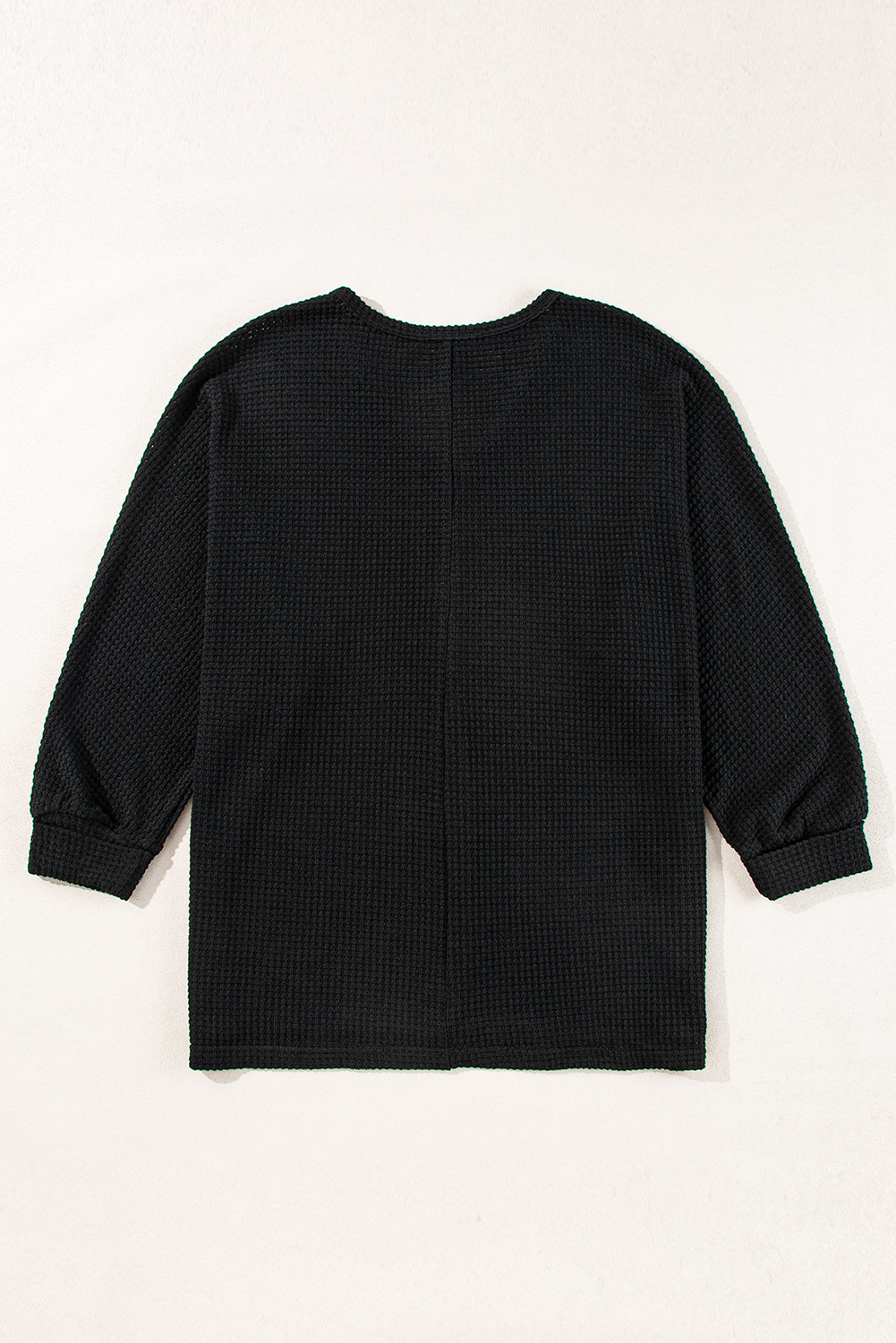 $6.2 Black Waffle Knit Side Slits Loose Fit V Neck Top Wholesale