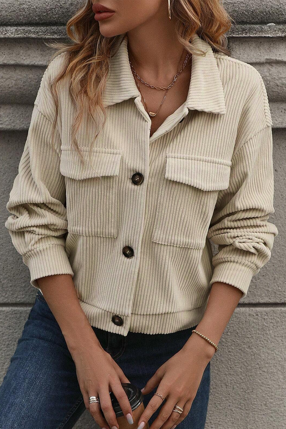 $10.6 Beige Flap Pockets Buttoned Turn Down Collar Corduroy Shacket ...